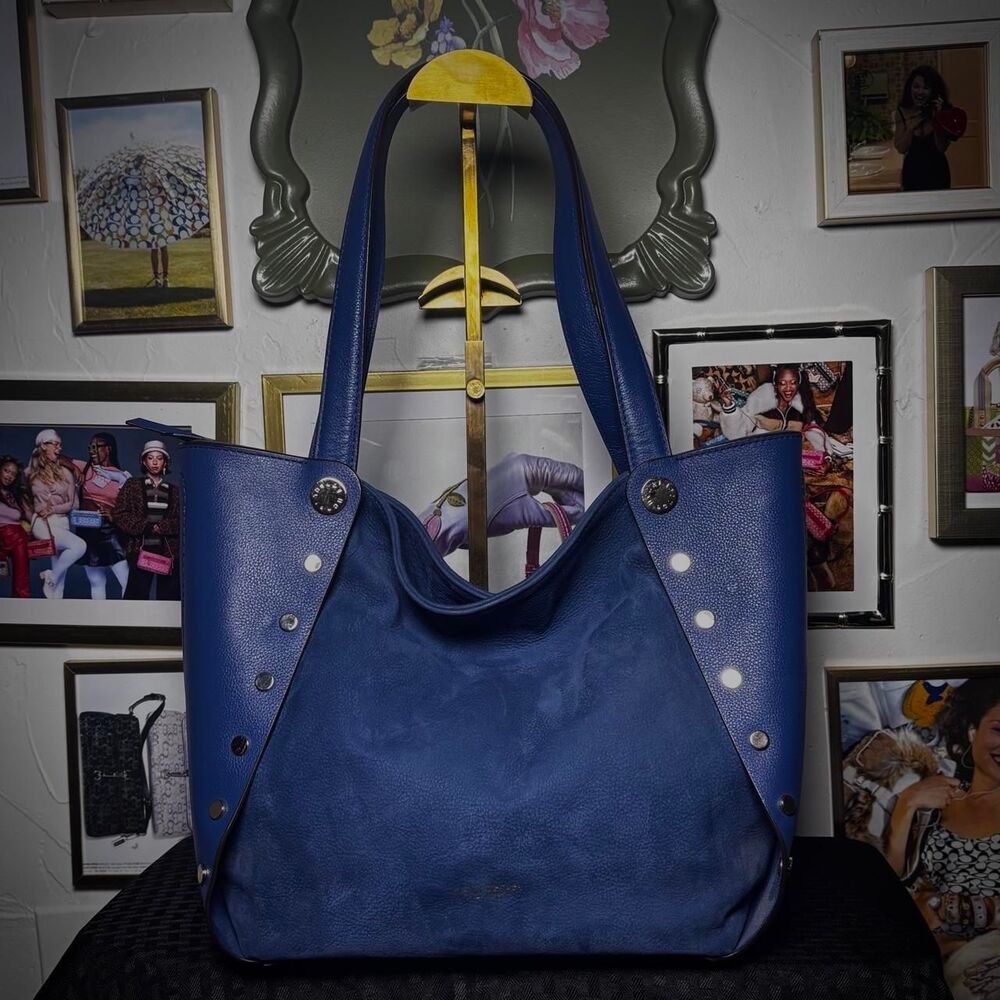 Henri Bendel Cobalt Blue Suede & Leather Studded Tote Bag